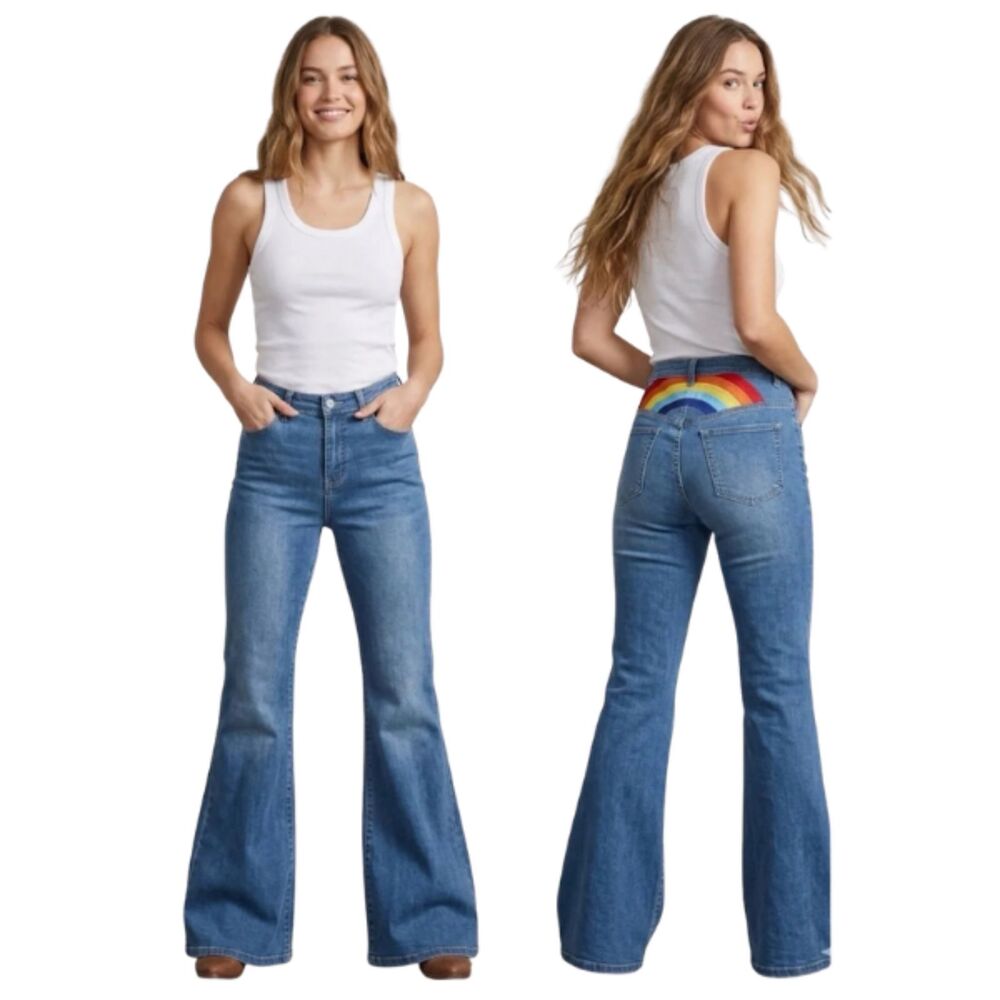 Altar’d State Rainbow Pocket High Rise Flare Jeans Bell Bottoms 0 24